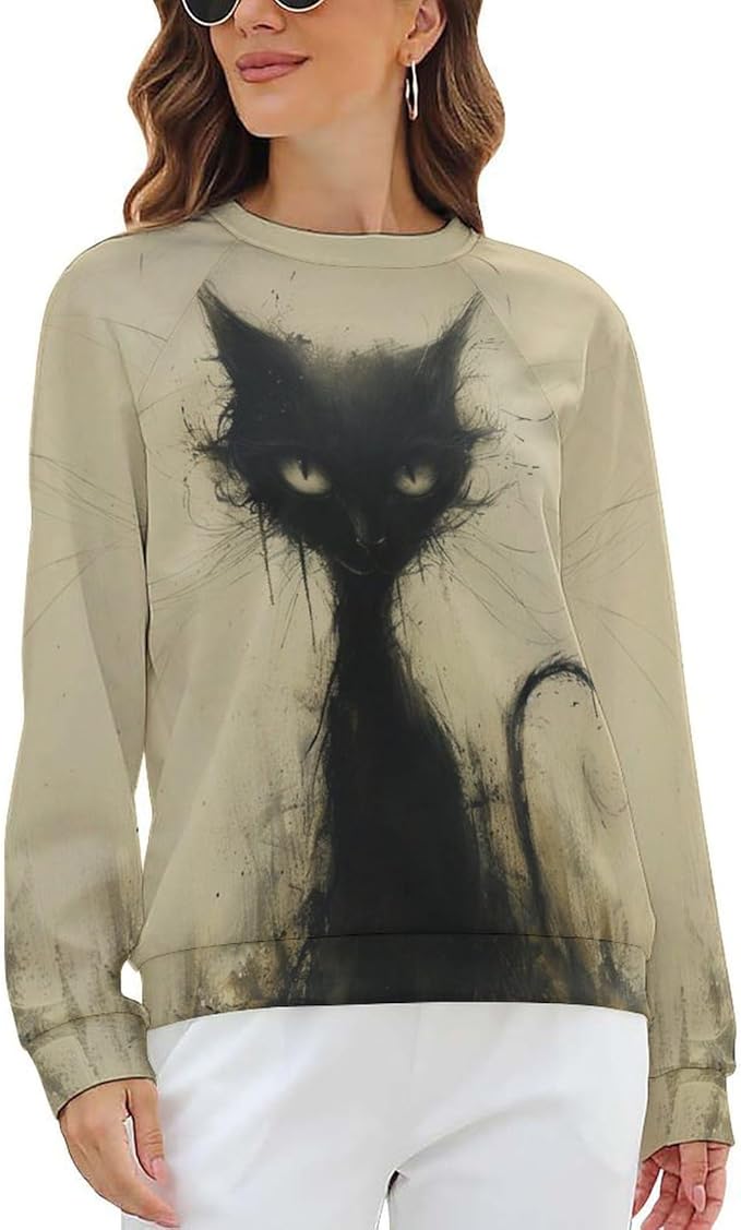Biacolum Long Sleeve Shirts for Women Mid Century Retro Style Atomic Cat 3D Graphic Sweatshirts Fall Crewneck Pullover Top