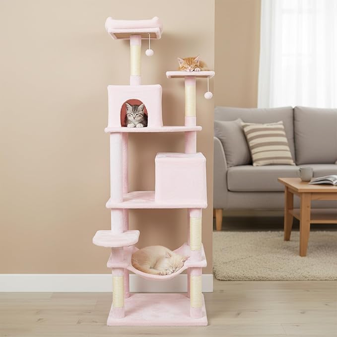 Tangkula Cat Tree for Indoor Cats, 75 Inch Extra Tall Cat Tower with Sisal Scratching Post, Padded Top Perch, Dual Condos, Hammock, 2 Dangling Balls, Platforms, Multi-Level Cat Climbing Furniture