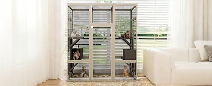 70-Inch Large Catio Enclosure, UV-Protected, Wooden Frame and Rust-Resistant Steel Mesh, Cat House with 2 Lounging Boxes and Platforms, for Patio or Backyard