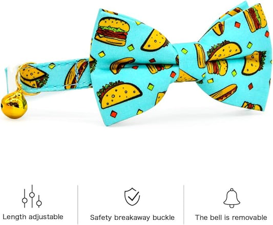 Taco Cat Collar Bow Tie Breakaway Collar, Wedding/Birthday Cat Accessories, Adjustable Bowtie, Removable Jingle Bell