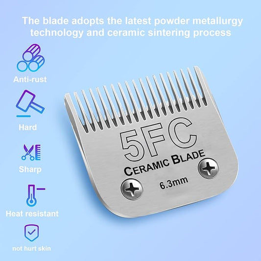 2 Pack Detachable Pet Dog Grooming Clipper Ceramic Blades,Compatible with Andis Size 5FC 1/4”(6.3mm) Cut Length (64122), Most Oster A5, Wahl KM Series Clippers