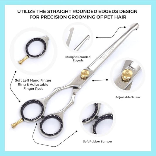 Left-Handed Pet dog Grooming Scissors Set Pro-Grade Curved Shears for Dogs Cats - Precision Crafted Sharp Blades Comfort Grip - Ideal for Cutting Curving Thinning (LH Round Tip Kit)