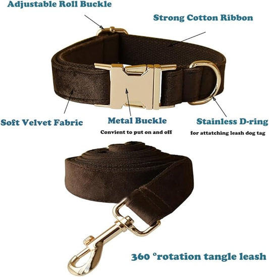 Love Dream Velvet Dog Collar and Leash Set, Soft & Comfy Adjustable Dog Leash and Collar with Heavy Duty Metal Buckle for Small Medium Large Dogs Training & Walking (XLarge, Brown)