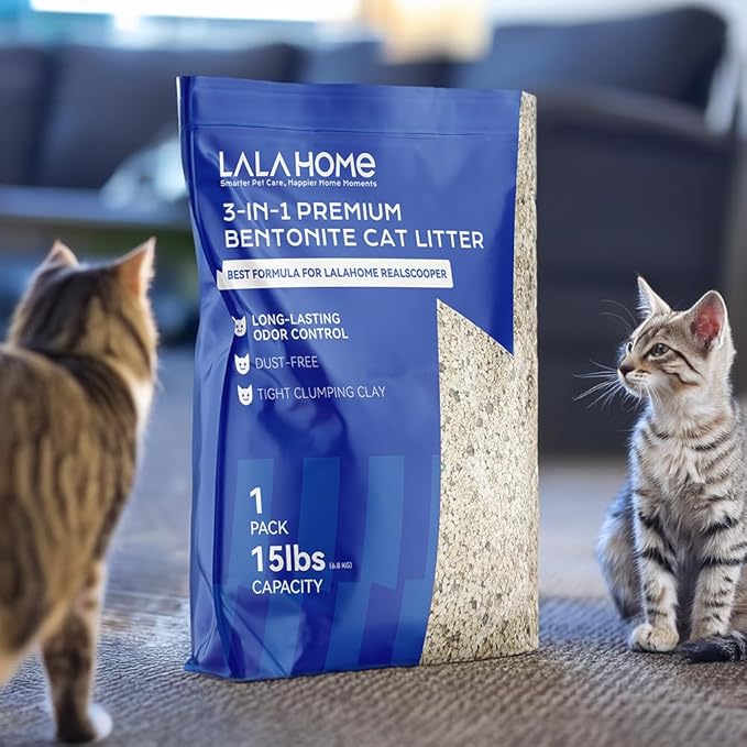 LALAHOME Clumping Cat Litter, Premium Bentonite Cat Litter Sodium-Based, Dust-Free, Strong Durability, Odor Control, Natural Mineral Formula Unscented Litter for RealScooper - 15 lb. Box