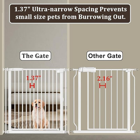WAOWAO 1.37" Ultra Narrow Spacing Extra Wide Dog Pet Gate 61.61-69.48" Pressure Mounted Walk Through Double Lock Swing Auto Close Safety White Metal Toddler Baby Puppy Pet for Indoor,Doorway,Kitchen