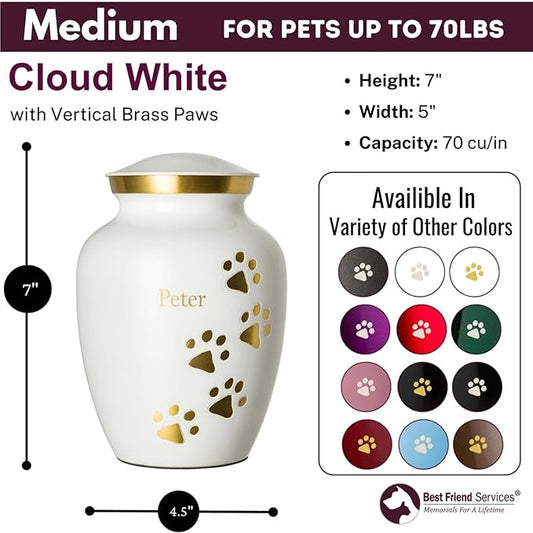 Pet Urn for Dogs and Cats with Personalized Laser Engraving, Ottillie Paws Premier Series Memorial Urns (Medium Cloud White with Vertical Brass Paws)