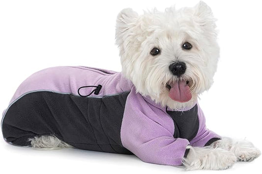 Fleece Dog Coat for Small Medium Dog,Pullover Pajamas Jumpsuit Bodysuit Puppy Coats with Legs, Pet Windproof Warm Cold Weather Jacket Full Body Vest Cozy Snowsuit Outfit Clothes (Purple, M)