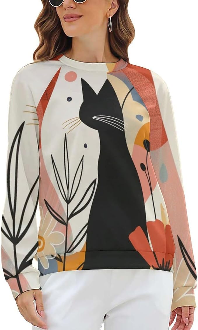 Biacolum Long Sleeve Shirts for Women Mid Century Retro Style Atomic Cat 3D Graphic Sweatshirts Fall Crewneck Pullover Top