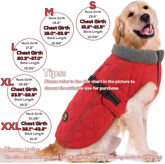 Dog Jackets, Furry Collar Winter Coats for Dogs with Fleece Lining, Water Resistant Reflective Winter Dog Jackets, Adjustable Warm Windproof Pet Coats for Large Dogs, Red L