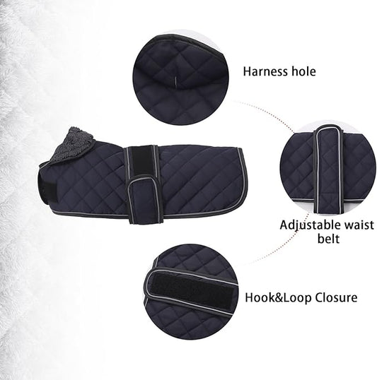Warm Thermal Quilted Dachshund Coat, Dog Winter Coat with Warm Fleece Lining, Outdoor Dog Apparel with Adjustable Bands for Medium, Large Dog-Dark Blue-S
