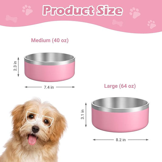 LIANLAI Stainless Steel Dog Bowls, Rust-Resistant Pet Bowls, Non Slip Dog Water Bowl, Versatile Feeding Bowls(Pink,64 oz)