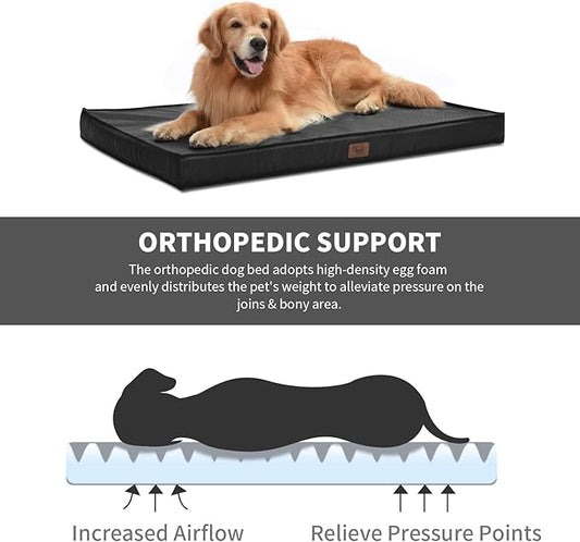 Outdoor Orthopedic Dog Bed for Medium Dogs & Cats, Waterproof Flat Pet Mat with Egg Crate Foam & Washable Removable Oxford Cover, 30x20 Inch, Black