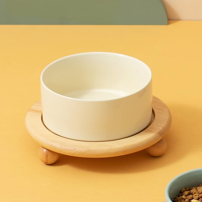 Havniva Ceramic Elevated Cat Food and Water Bowl, Kitty Bowl, Raised Cat Dish, Pet Feeder (5.1 in,1 x Beige + Stand)