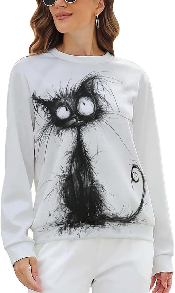 Biacolum Long Sleeve Shirts for Women Mid Century Retro Style Atomic Cat 3D Graphic Sweatshirts Fall Crewneck Pullover Top