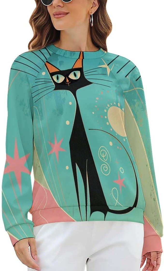 Biacolum Long Sleeve Shirts for Women Mid Century Retro Style Atomic Cat 3D Graphic Sweatshirts Fall Crewneck Pullover Top