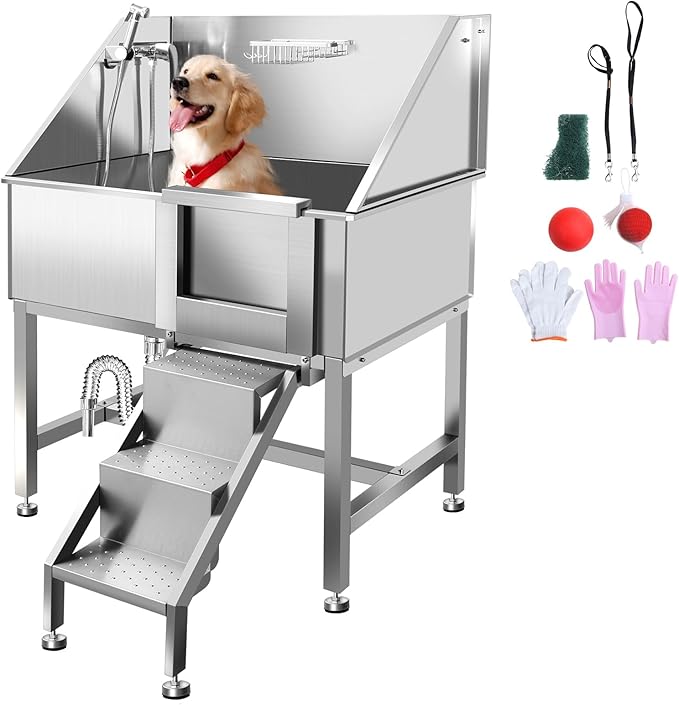 38" Dog Washing Station, Professional Stainless Steel Dog Bathing Station, Equipped with Anti-Slip Ramp, Removable Door, Upgraded Spray Nozzle&Hose - Ideal for Home, Pet Grooming Salon,R-RAMP