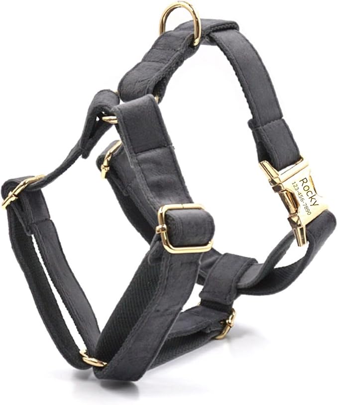 Personalized Velvet Dog Collars with Pet Name Phone Number Engraved, Custom Adjustable Soft Collar with Metal Buckle for Small Medium Large Dogs, Dog Leash and Bow Tie Available -Dark Grey