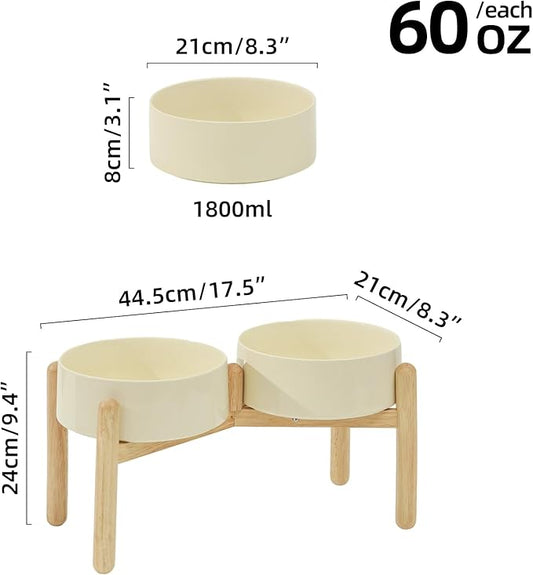 Ceramic 8.2inch Raised Dog Bowl with Stand for Large- Breed Dogs, Pet Food and Water Feeder (Double Bowl with Stand - Beige)