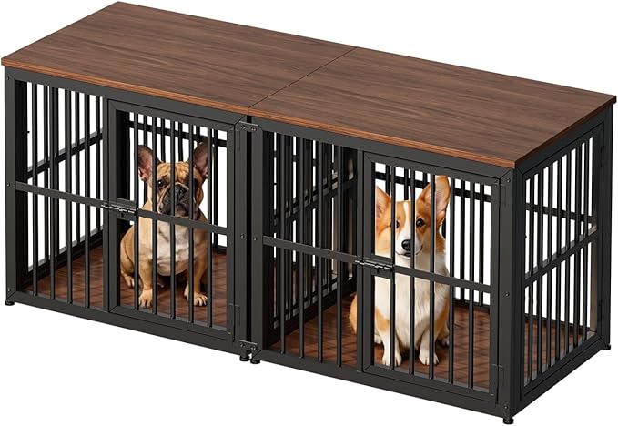 Lyromix 54'' Dog Crate Furniture with Double Rooms,Wooden Crate End Table Heavy Duty Indoor Puppy Cage for 2 Small Dogs, Multiple Units Can be Combined, Walnut