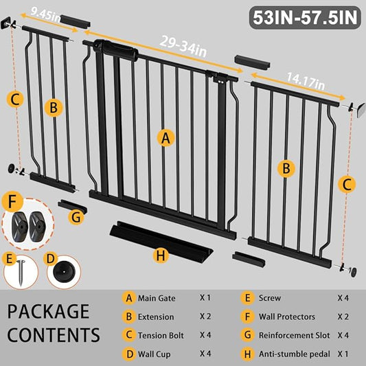 Fairy Baby Extra Wide Baby Gate Black 53-57.5 Inch Wide, Walk Through Pressure Mounted No Drill, Long and Large Tension Gate for Pet and Kids