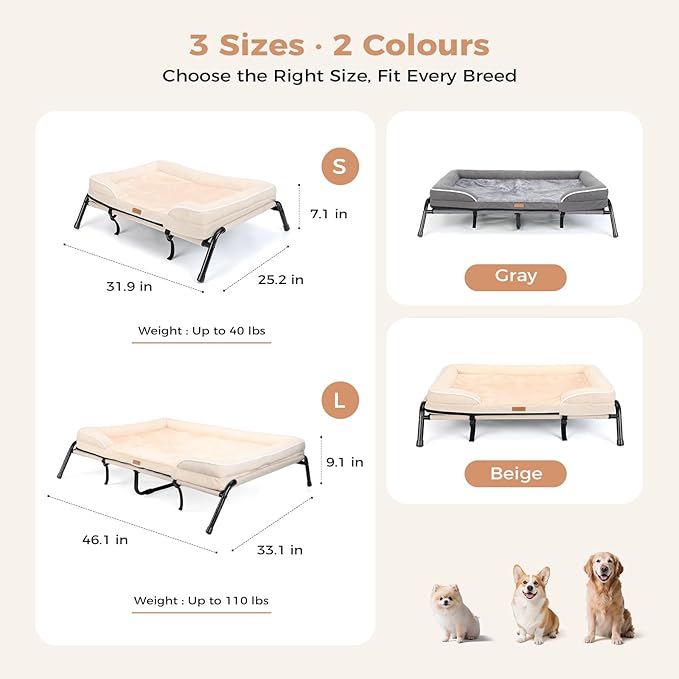 Lekereise Raised Dog Bed for Large Dog 46x33 Inch, Orthopedic Pet Beds with Waterproof Egg Crate Foam, Removable Dogs Couch Bed for Indoor Outdoor, 2-in-1 Design, Load 110lb, Beige