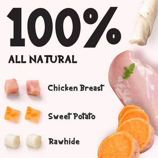 ASMPET Dog Treats Bones, Chicken Wrapped Rawhide Sweet Potato Sticks for Small Medium Large Dogs(6pcs)