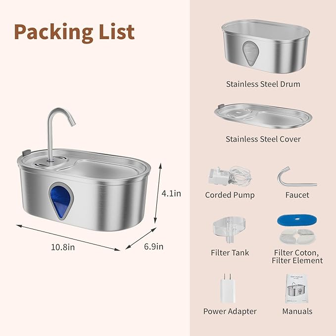 Cat Water Fountain Stainless Steel, 3.5l/118oz Cat Fountains with Water Level Window Water Fountains for Cats Indoor, Automatic Cat Water Dispenser Indoor(118oz)