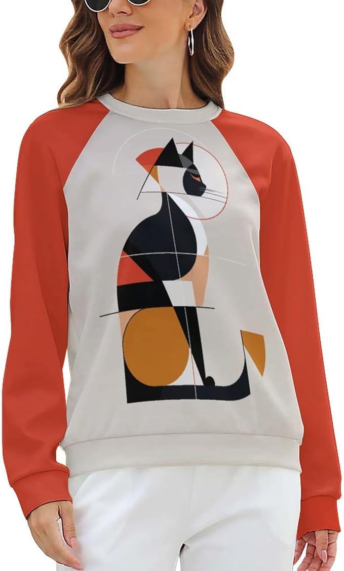 Biacolum Long Sleeve Shirts for Women Mid Century Retro Style Atomic Cat 3D Graphic Sweatshirts Fall Crewneck Pullover Top