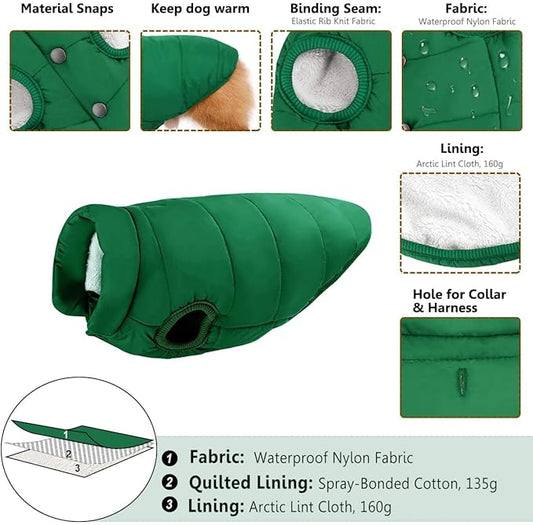 ASENKU Dog Winter Coat - Waterproof Windproof Dog Jacket, Warm Snowproof Doggie Puffer Vest for Cold Weather, Lightweight Snow Coats for Small Medium Large Dogs (XXXL, Green)
