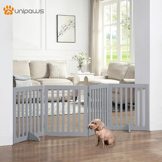 unipaws 24" H Free Standing Pet Gate for Dog Cat, Wooden Dog Gates for Doorway, Stairs, Step Over Foldable Pet Fence for The House, Expandable Barrier, Indoor Use, Grey