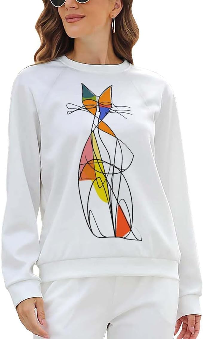 Biacolum Long Sleeve Shirts for Women Mid Century Retro Style Atomic Cat 3D Graphic Sweatshirts Fall Crewneck Pullover Top