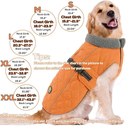 Dog Coat for Winter, Water Resistant Dog Apparel for Cold Weather - Warm Fleece Lining Doggie Coats, Reflective Pet Winter Clothes for Large Dogs, Orange XXL