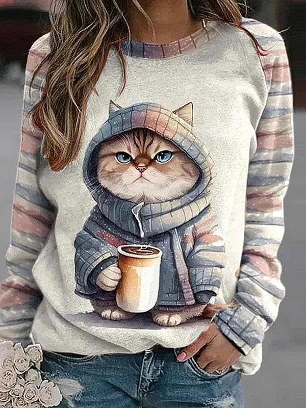 IVERIRMIN Womens 3D Cat Crewneck Sweatshirts Casual Cute Long Sleeve Shirts Pullover Tops Graphic Loose Fit Sweater for Women