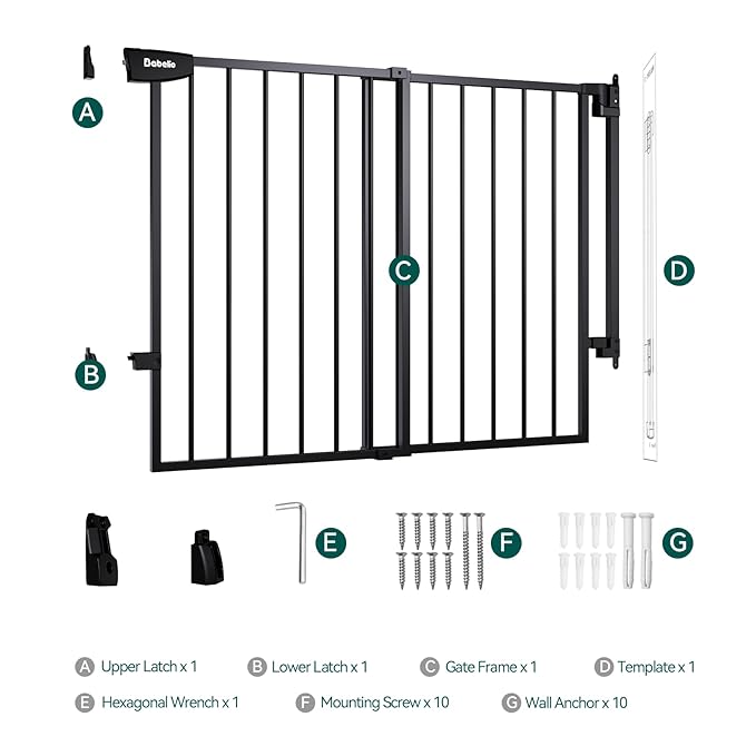Babelio 29.7-46.5" No Bottom Bar Baby/Dog Gate for Stairs, House and Doorways, Auto Close Safety Pet Gates with Large Walk Thru Door, Hardware Mount, Black