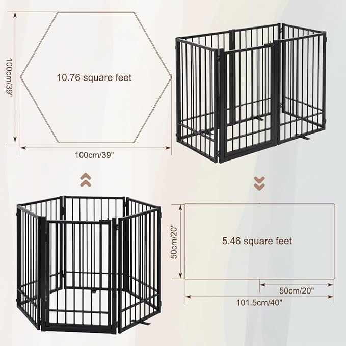 Metal Freestanding Dog Gate with Door, Extra Wide 121", 31" Height Foldable Dog Gates for Doorways, Tall Pet Fence Indoor Outdoor Pet Gates, 6 Panels Pet Barrier for Stairs Hallways, Black
