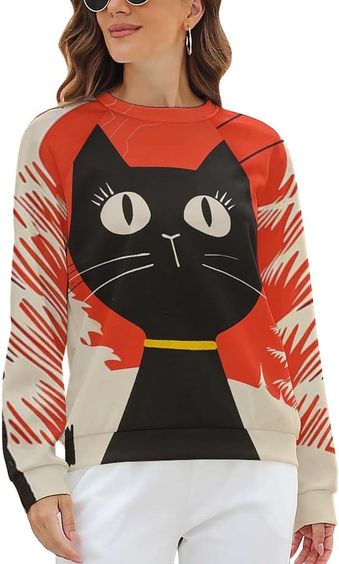 Biacolum Long Sleeve Shirts for Women Mid Century Retro Style Atomic Cat 3D Graphic Sweatshirts Fall Crewneck Pullover Top