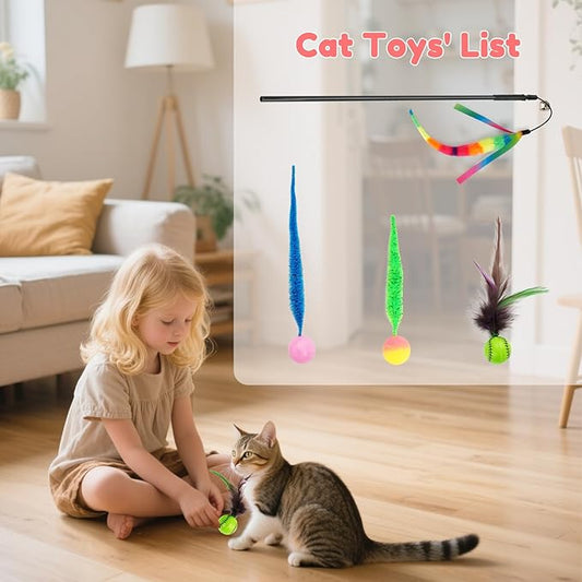 SHENGSEN Feather Wand Cat Toy,Bouncy Ball with Tail Cat Toys,Magic Worm with Large Colorful Ball Toy for Cats,Cat Feather Toys for Indoor Cats,Colorful Fuzzy Worm Bouncy Balls Cat Toy