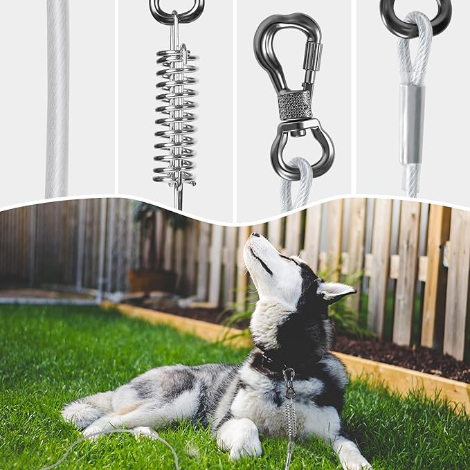 Tresbro 30 FT Dog Tie Out Cable with Spring, Shock Absorbing Tether Chains for Outside Aavilable in 10/15/20/25/30/40/50/70/100/120 FT, Heavy Duty Leads for Yard for Medium & Large Dogs Up to 500 LBS