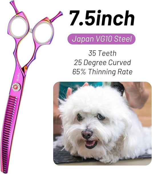7.5inch 25 Degree Curved Scissors for Dog Grooming Chunkers, VG10 Steel Sharp Blades, Professional Dog Grooming Scissors Blender, 35 Teeth High-end Pet Thinning Shears, 65% Thinning Rate