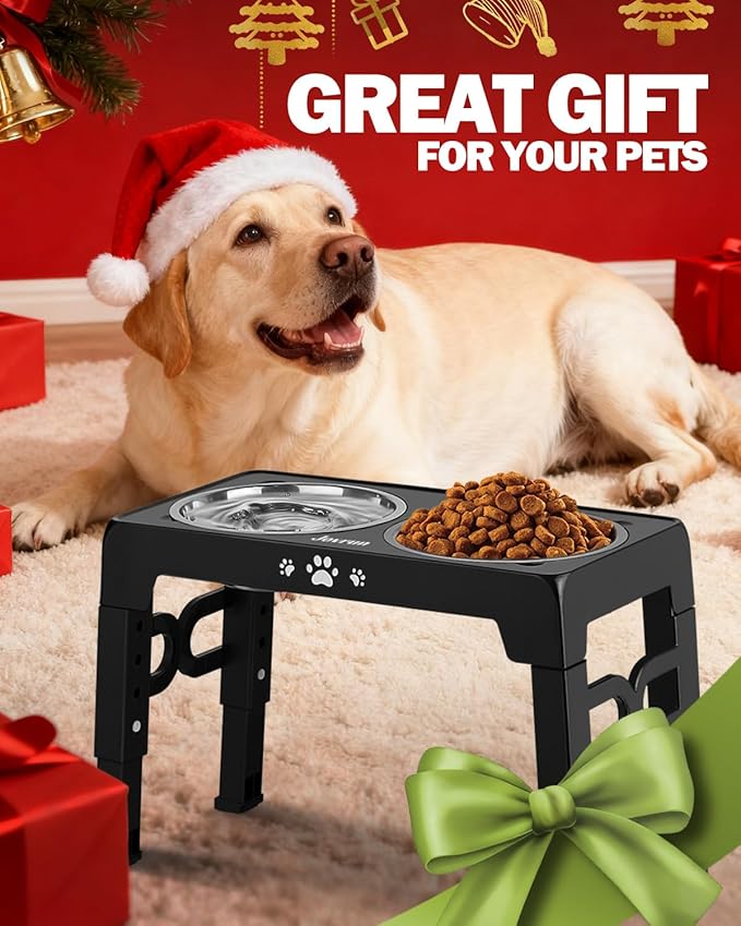 Elevated Dog Bowls, Dog Feeder with Stainless Steel Dishes & Slow Feeder Bowl, 5 Heights Adjustable Raised Stand for Medium Large, Food Dishes with Non-Slip Feet