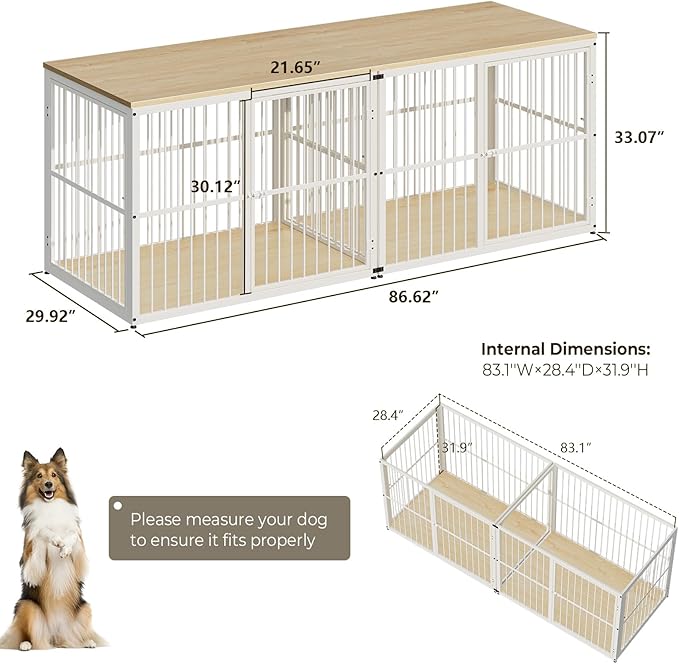 Lyromix 86.62'' Dog Crate Furniture Large Breed TV Stand with Double Rooms for 2 Large Medium Dogs, Wooden Indoor Kennel Crate Cage End Table with Removable Divider, Can Use Separately, Natural Beech