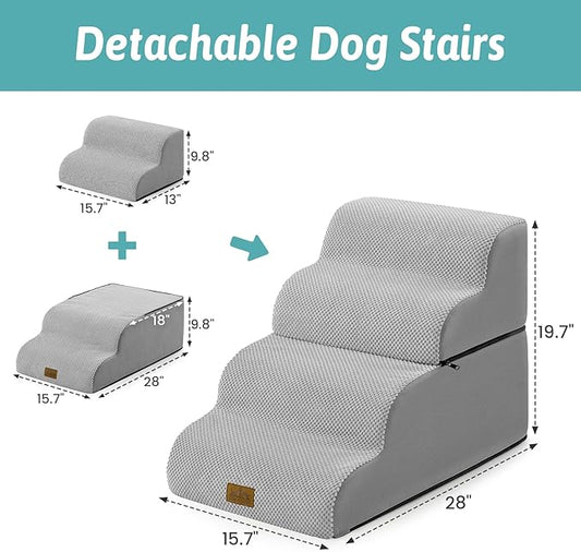 Dog Stairs for Small Dogs 19.7" H, Detachable Dog Step for Puppy or Older Cat, Ramp for Bed, Sofa, Couch or Chair, Ladder with High Density Foam, 15.7x28.3x19.7 inch, 4 Step, Grey