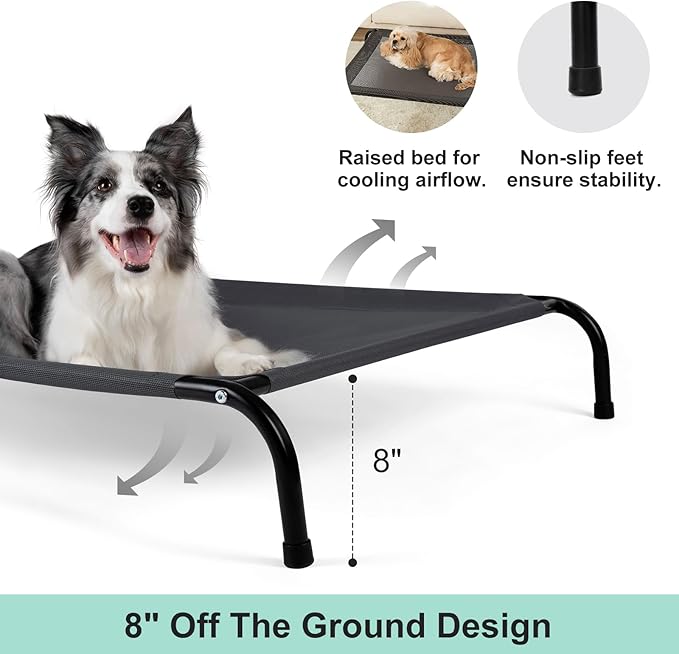 Cooling Elevated Dog Bed with Non-Slip Floor Protectors & Breathable Mesh, Raised Indoor & Outdoor Dog Cot Hammock, 41" L x 26" W x 8" Th, Medium, Grey