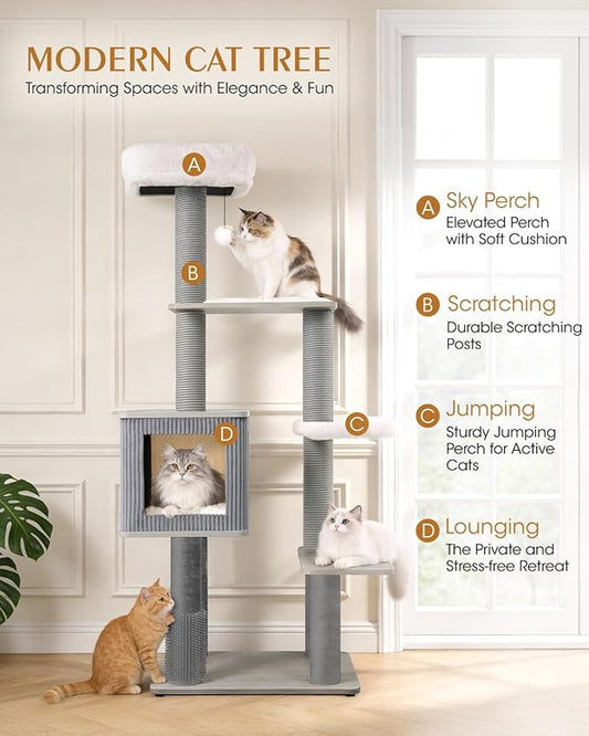 60in Maine Coon Cat Tree for Large Cats, Heavy Duty Cat Trees for Large Cats, Modern Cat Tree Tower with Plush Platforms, Gray Sisal Posts, Scratching Post for Indoor Cats
