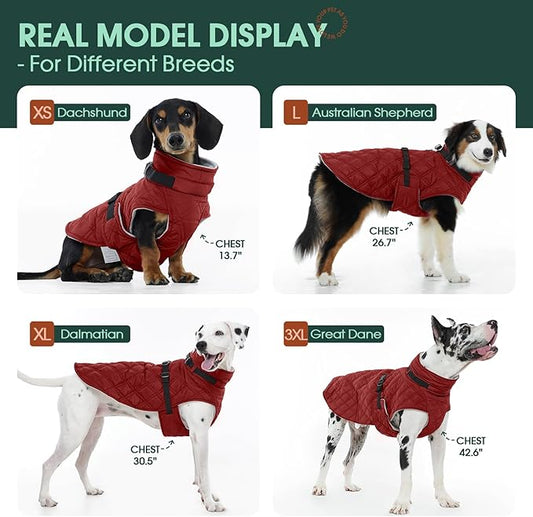 Kuoser Dog Coat Warm Fleece Lining Turtleneck Dog Jacket with Harness Built-in, Adjustable Windproof Cold Weather Coats with Quick Release Buckle Pet Winter Snowsuit for Small Medium Dogs, Red M