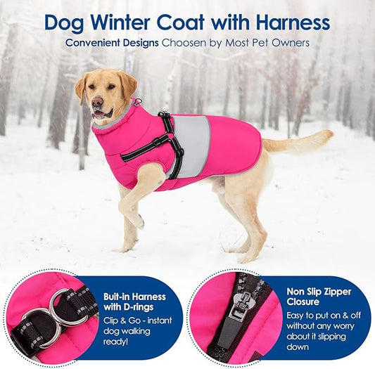 KOESON Dog Coat, Warm Dog Winter Jacket with Harness, Waterproof Pet Cold Weather Coats with Fleece Lining, Reflective & Windproof Snowsuit Sweater for Schnauzer, Yorkshire, Dachshund, Hot Pink S