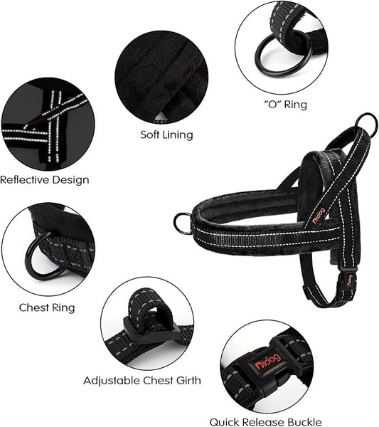 Didog Soft Flannel Padded Dog Vest Harness, No Pull/Quick Fit Reflective Dog Strap Harness, Easy for Training Walking (L:Chest 26-32", Black)