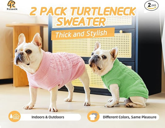 2 Pack Dog Sweaters for Small Dogs - Puppy Medium Warm Clothes in Winter, Turtleneck Pullover Design for Boy Girl Pet, Doggie, Cat, Kitten Chihuahua Bulldog Pug Beagles (S, Pink, Green)
