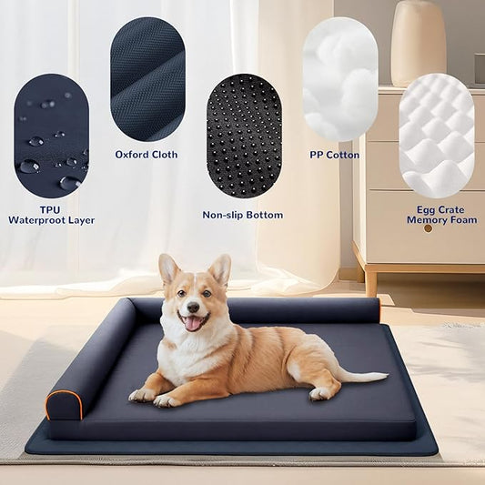 Dog Bed XL Indestructible Waterproof Big Dog Couch Orthopedic with Anti-Slip Mat, Memory Foam Pet Bed Washable (Blue)