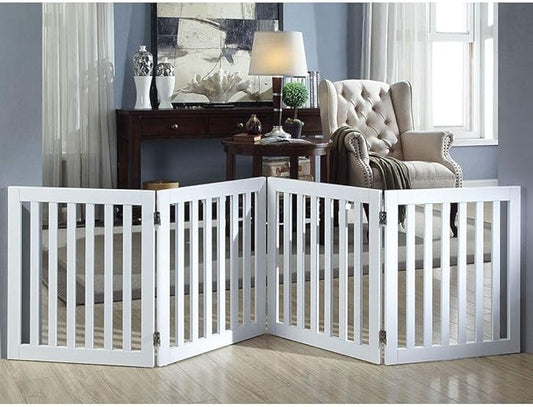 unipaws 24”H Free Standing Pet Gate for Dog Cat, Wooden Gates for Doorway, Stairs, Step Over Foldable Pet Fence for The House, Expandable Dog Barrier, Indoor Use, White